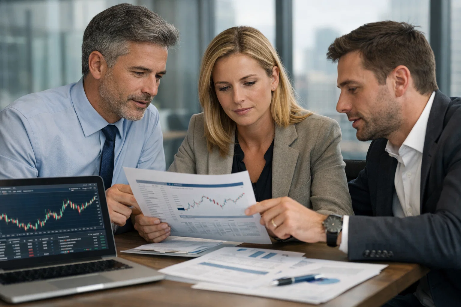 Financial broker client meeting with portfolio and market discussion.