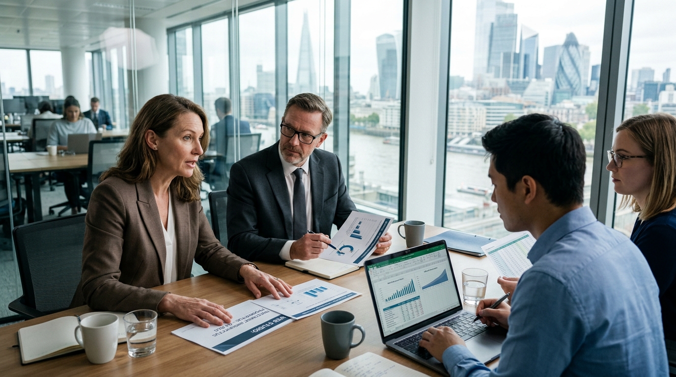 Investment committee reviewing web development market data and capital deployment strategy in conference room.